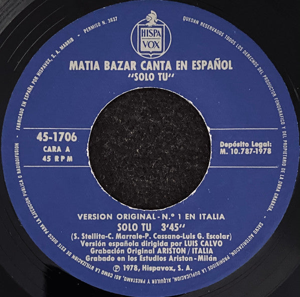 Matia Bazar : Canta En Español · Solo Tu (7", Single)