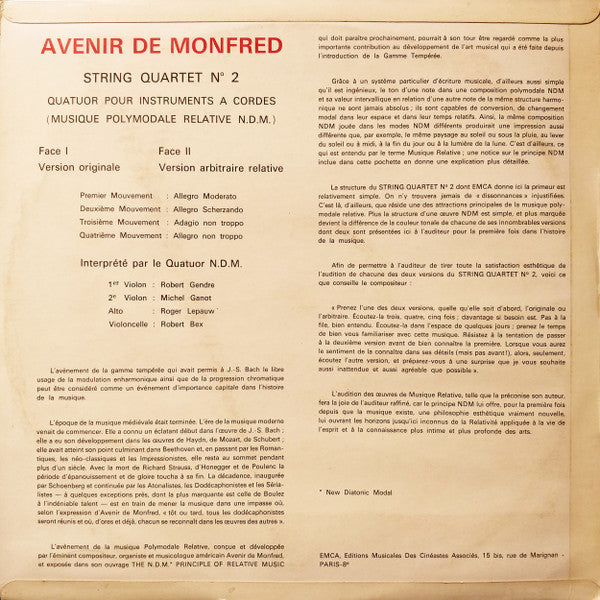 Avenir De Monfred*, Le Quatuor N.D.M. : Musique Polymodale - String Quartet N° 2 (LP)