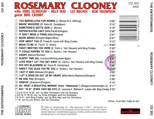 Rosemary Clooney With: Duke Ellington, Billy May, Les Brown, Bob Thompson Guest: Bing Crosby : Rosemary Clooney (CD, Comp)