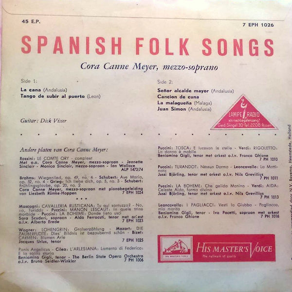 Cora Canne Meijer, Dick Visser : Spanish Folk Songs (7", EP)