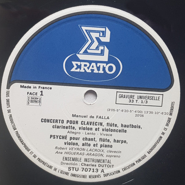 Manuel De Falla, Charles Dutoit, Robert Veyron-Lacroix : Concerto Pour Clavecin - Les Tréteaux De Maître Pierre (LP, Gat)