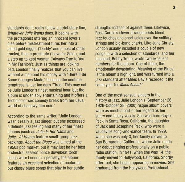 Julie London : Whatever Julie Wants (CD, Album)