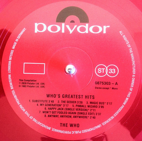 The Who : Who's Greatest Hits (LP, Comp, Mono, Ltd, RE, RM, Red)