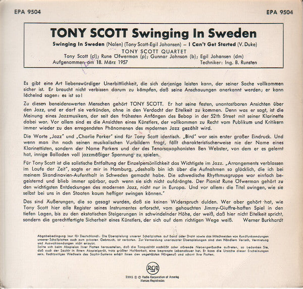 Tony Scott (2) : Swinging In Sweden (7")