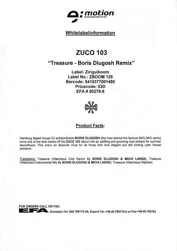 Zuco 103 : Treasure (Boris Dlugosch & Michi Lange Remixes) (12", Promo, W/Lbl, Sti)