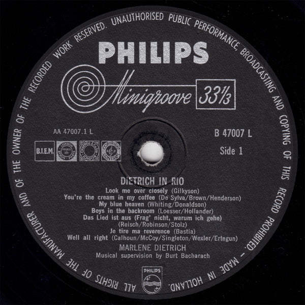 Marlene Dietrich : Dietrich In Rio (Recorded In Rio De Janeiro) (LP, Album, Mono)