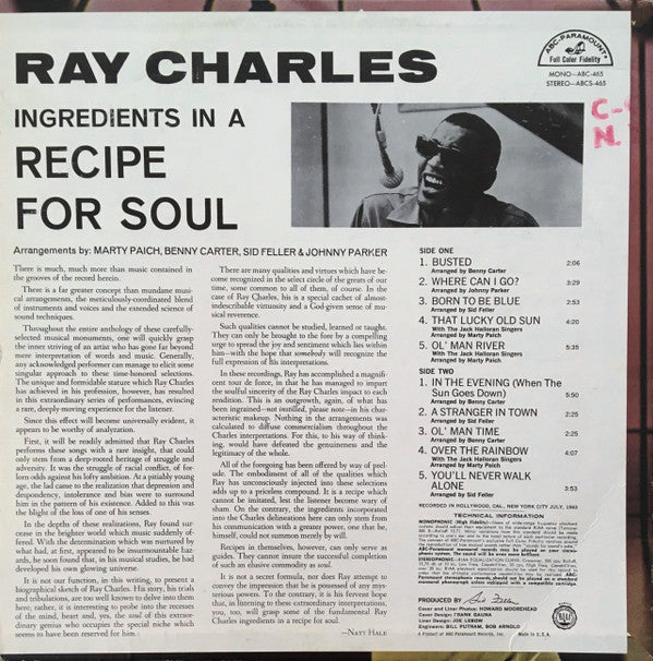 Ray Charles : Ingredients In A Recipe For Soul (LP, Album, Mono, Bel)