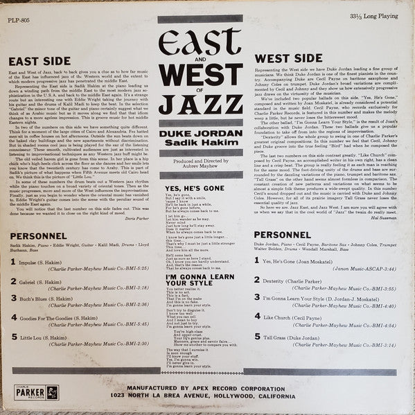 Duke Jordan and Sadik Hakim : East And West Of Jazz (LP, Album, Mono)