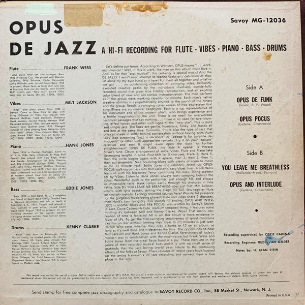 Milt Jackson, Frank Wess, Kenny Clarke, Hank Jones, Eddie Jones : Opus De Jazz  (LP, Album, Mono, RP, MGM)