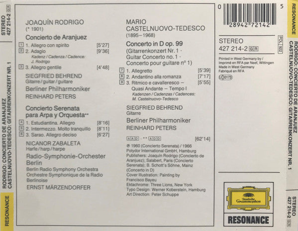 Joaquín Rodrigo / Mario Castelnuovo Tedesco : Concierto De Aranjuez. Konzert-Serenade Für Harfe Und Orchester / Gitarrenkonzert Nr. 1 (CD, Comp)