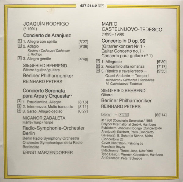 Joaquín Rodrigo / Mario Castelnuovo Tedesco : Concierto De Aranjuez. Konzert-Serenade Für Harfe Und Orchester / Gitarrenkonzert Nr. 1 (CD, Comp)