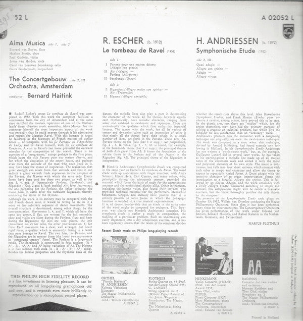 Rudolf Escher, Hendrik Andriessen : Le Tombeau de Ravel / Symphonische Etude (LP, Mono)
