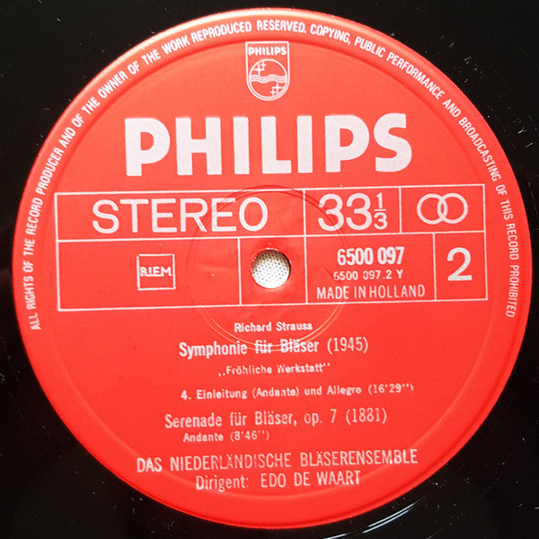 Richard Strauss, Edo de Waart, Nederlands Blazers Ensemble : Symphonie Für Bläser "Fröhliche Werkstatt" / Serenade Für Bläser, Op. 7  (LP)
