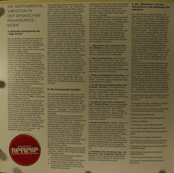 Ricercare-Ensemble Für Alte Musik, Zürich, Michel Piguet Und Jordi Savall : Die Instrumentalvariation In Der Spanischen Renaissancemusik (LP)