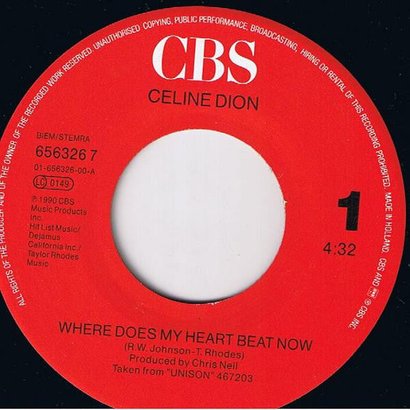 Céline Dion : Where Does My Heart Beat Now (7", Single)