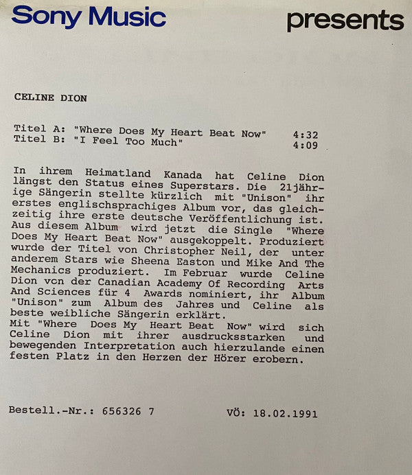 Céline Dion : Where Does My Heart Beat Now (7", Single)