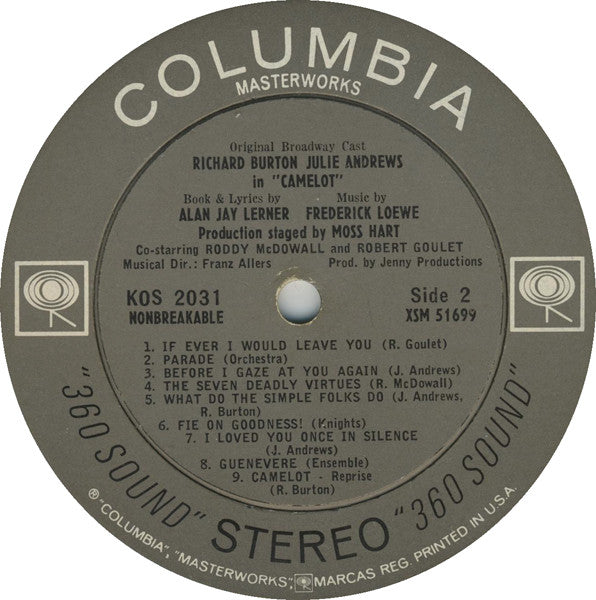 Alan Jay Lerner, Frederick Loewe / Julie Andrews, Richard Burton (2) : Camelot (Original Broadway Cast Recording) (LP, RE, Gat)
