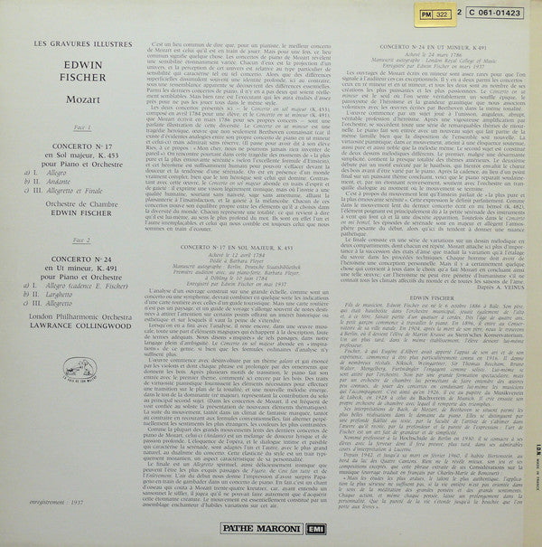 Edwin Fischer / Wolfgang Amadeus Mozart / Edwin Fischer Chamber Orchestra / London Philharmonic Orchestra, Lawrance Collingwood : Concertos Pour Piano N° 17 En Sol Majeur, K. 453 / N° 24 En Ut Mineur, K. 491 (LP, Mono, RE)