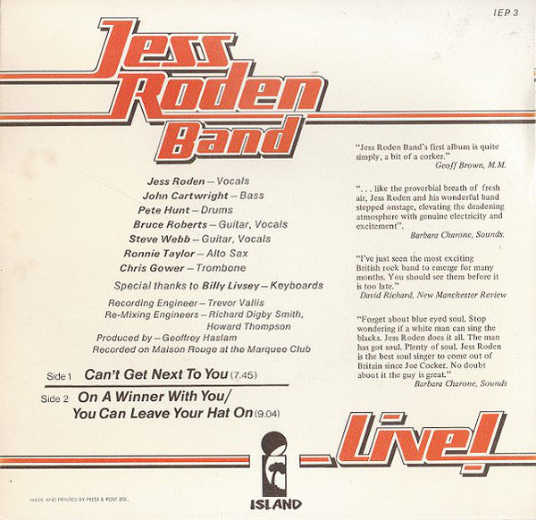 The Jess Roden Band : Live! (7", Single)