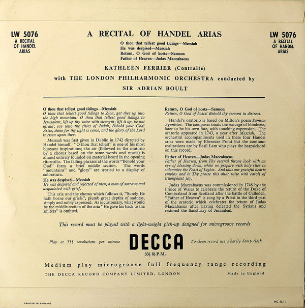 Georg Friedrich Händel, Kathleen Ferrier With Sir Adrian Boult Conducting London Philharmonic Orchestra : A Recital Of Handel Arias (10", Med)