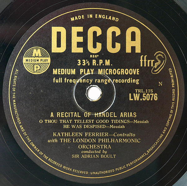 Georg Friedrich Händel, Kathleen Ferrier With Sir Adrian Boult Conducting London Philharmonic Orchestra : A Recital Of Handel Arias (10", Med)