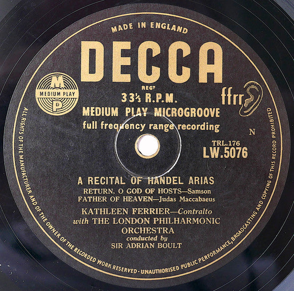 Georg Friedrich Händel, Kathleen Ferrier With Sir Adrian Boult Conducting London Philharmonic Orchestra : A Recital Of Handel Arias (10", Med)