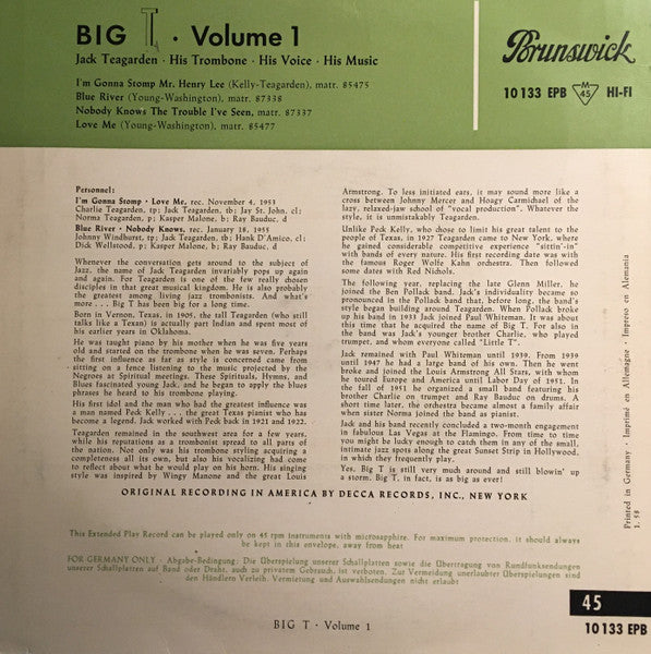 Jack Teagarden : Big T • Volume I (7", EP)