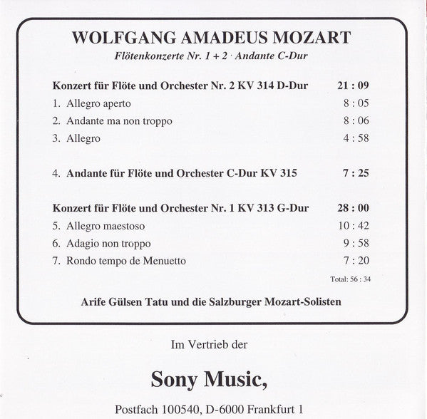 Wolfgang Amadeus Mozart - Arife Gülsen Tatu, Salzburg Mozart Soloists : Flötenkonzerte Nr. 1 + 2 • Andante C-Dur (CD)