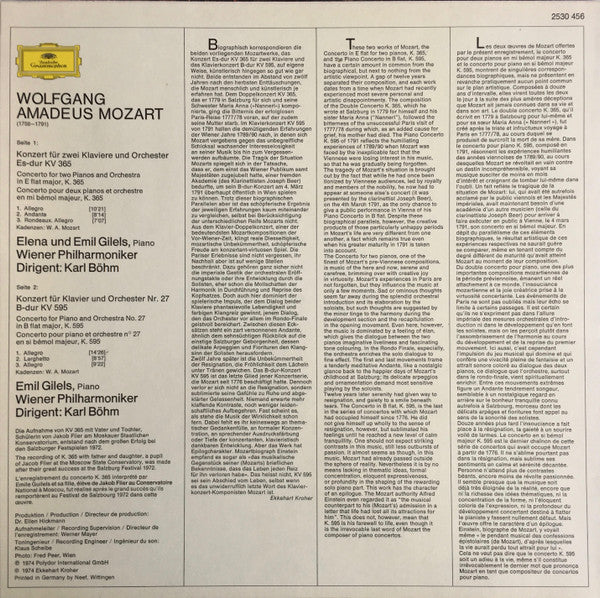 Wolfgang Amadeus Mozart / Emil Gilels, Elena Gilels, Karl Böhm, Wiener Philharmoniker : Klavierkonzert B-dur • Piano Concerto In B Flat Major KV 595 / Konzert Für Zwei Klaviere Es-dur • Concerto For Two Pianos In E Flat Major KV 365 (LP, No )