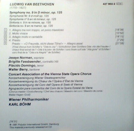 Ludwig van Beethoven, Jessye Norman, Brigitte Fassbaender, Placido Domingo, Walter Berry, Wiener Philharmoniker, Karl Böhm : Symphonie No. 9 (CD, Album, RE)