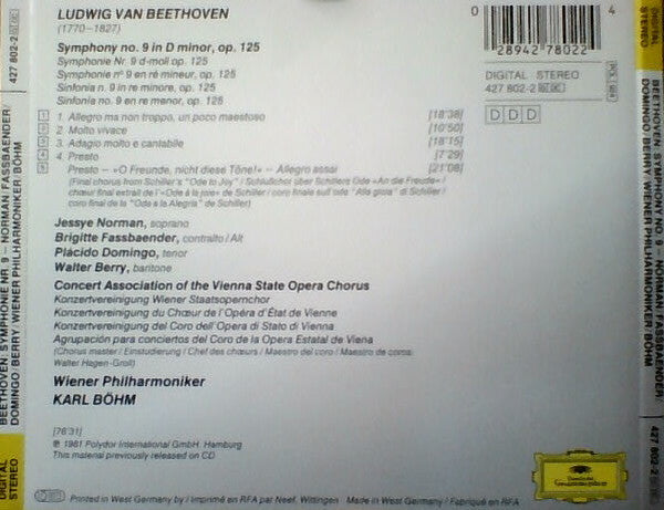Ludwig van Beethoven, Jessye Norman, Brigitte Fassbaender, Placido Domingo, Walter Berry, Wiener Philharmoniker, Karl Böhm : Symphonie No. 9 (CD, Album, RE)