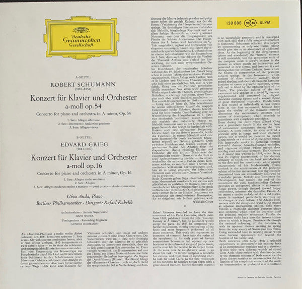 Robert Schumann ∙ Edvard Grieg, Géza Anda ∙ Rafael Kubelik, Berliner Philharmoniker : Klavierkonzerte In A-moll = Piano Concertos In A Minor (LP, Album, RE)