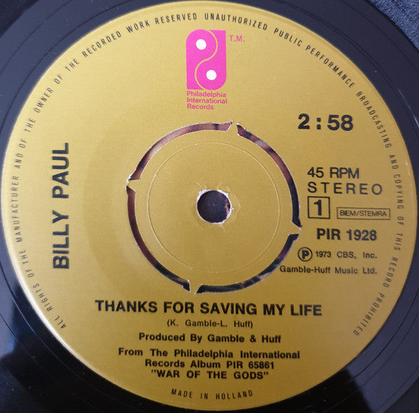 Billy Paul : Thanks For Saving My Life (7", Single)
