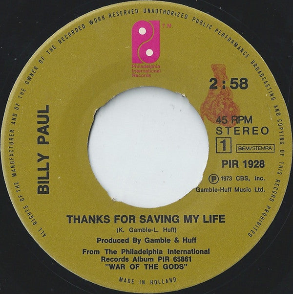 Billy Paul : Thanks For Saving My Life (7", Single)