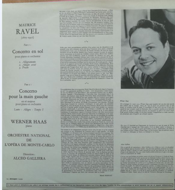 Maurice Ravel, Werner Haas, Orchestre National De L'Opéra De Monte-Carlo / Alceo Galliera : Concertos Pour Piano  (LP)