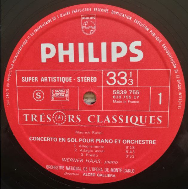 Maurice Ravel, Werner Haas, Orchestre National De L'Opéra De Monte-Carlo / Alceo Galliera : Concertos Pour Piano  (LP)