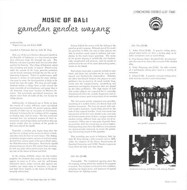 I Wayan Loceng & I Ketut Balik : Music Of Bali - Gamelan Gender Wayang (LP, Album)