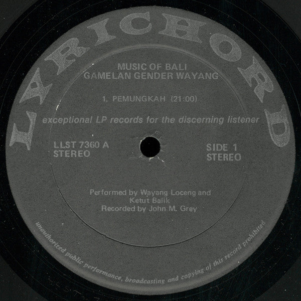 I Wayan Loceng & I Ketut Balik : Music Of Bali - Gamelan Gender Wayang (LP, Album)