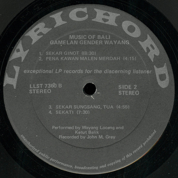 I Wayan Loceng & I Ketut Balik : Music Of Bali - Gamelan Gender Wayang (LP, Album)