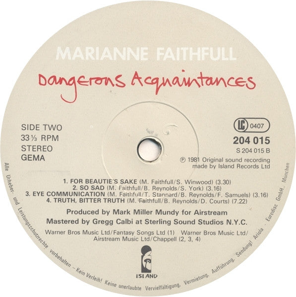 Marianne Faithfull : Dangerous Acquaintances (LP, Album)