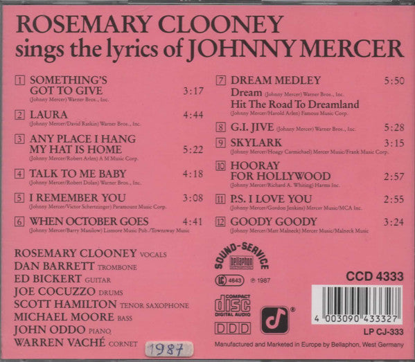 Rosemary Clooney : Rosemary Clooney Sings The Lyrics Of Johnny Mercer (CD, Album, DDD)