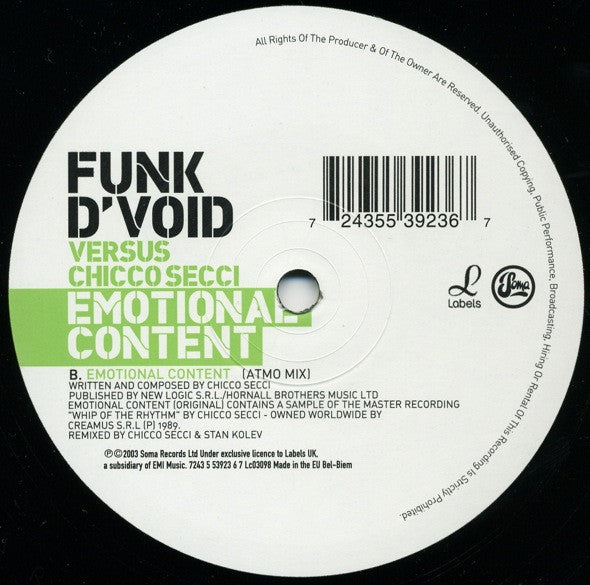 Funk D'Void Versus Chicco Secci : Emotional Content (12")
