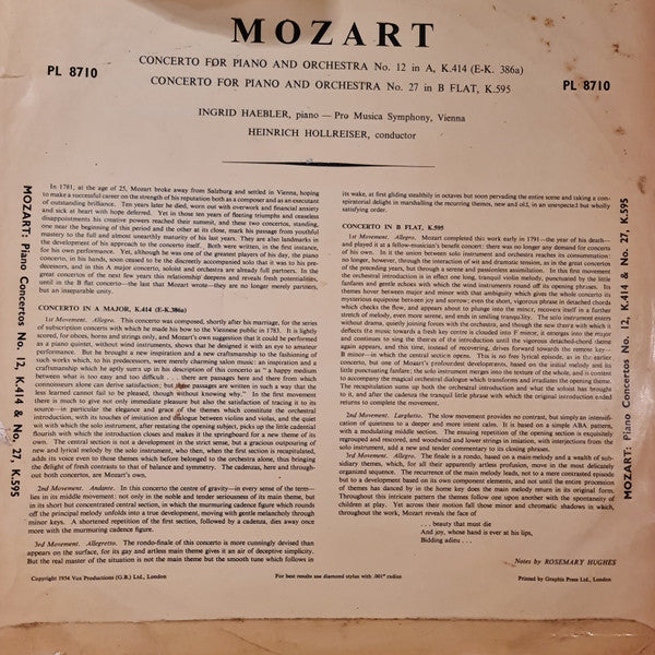 Wolfgang Amadeus Mozart, Ingrid Haebler, Heinrich Hollreiser : Concerto N. 12, A Major, K. 414 For Piano And Orchestra / Concerto N. 27, B Flat Major, K, 595 For Piano And Orchestra (LP, Album, Mono)
