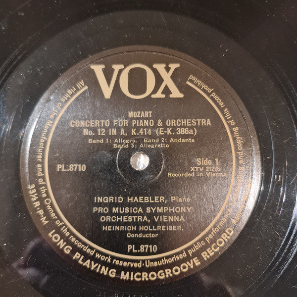 Wolfgang Amadeus Mozart, Ingrid Haebler, Heinrich Hollreiser : Concerto N. 12, A Major, K. 414 For Piano And Orchestra / Concerto N. 27, B Flat Major, K, 595 For Piano And Orchestra (LP, Album, Mono)