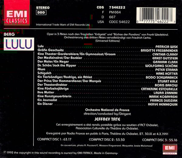 Alban Berg, Jeffrey Tate, Orchestre National De France : Lulu (3xCD, Album)