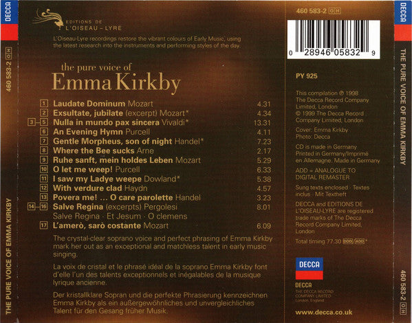 Emma Kirkby, The Academy Of Ancient Music, Christopher Hogwood : The Pure Voice Of Emma Kirkby (CD, Comp)