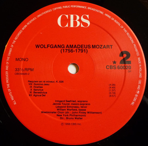 Wolfgang Amadeus Mozart, Bruno Walter, New York Philharmonic : Requiem (LP, Album, Mono)