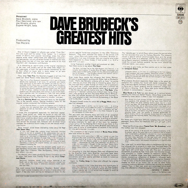 Dave Brubeck : Dave Brubeck's Greatest Hits (LP, Comp, RE, Ast)
