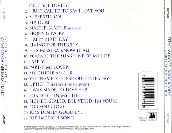 Stevie Wonder : Song Review - A Greatest Hits Collection (CD, Comp, RE)