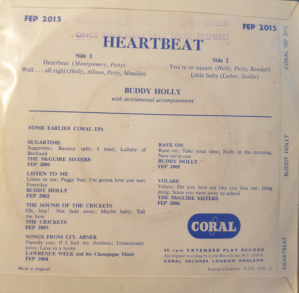 Buddy Holly : Heartbeat (7", EP, RP, Tri)